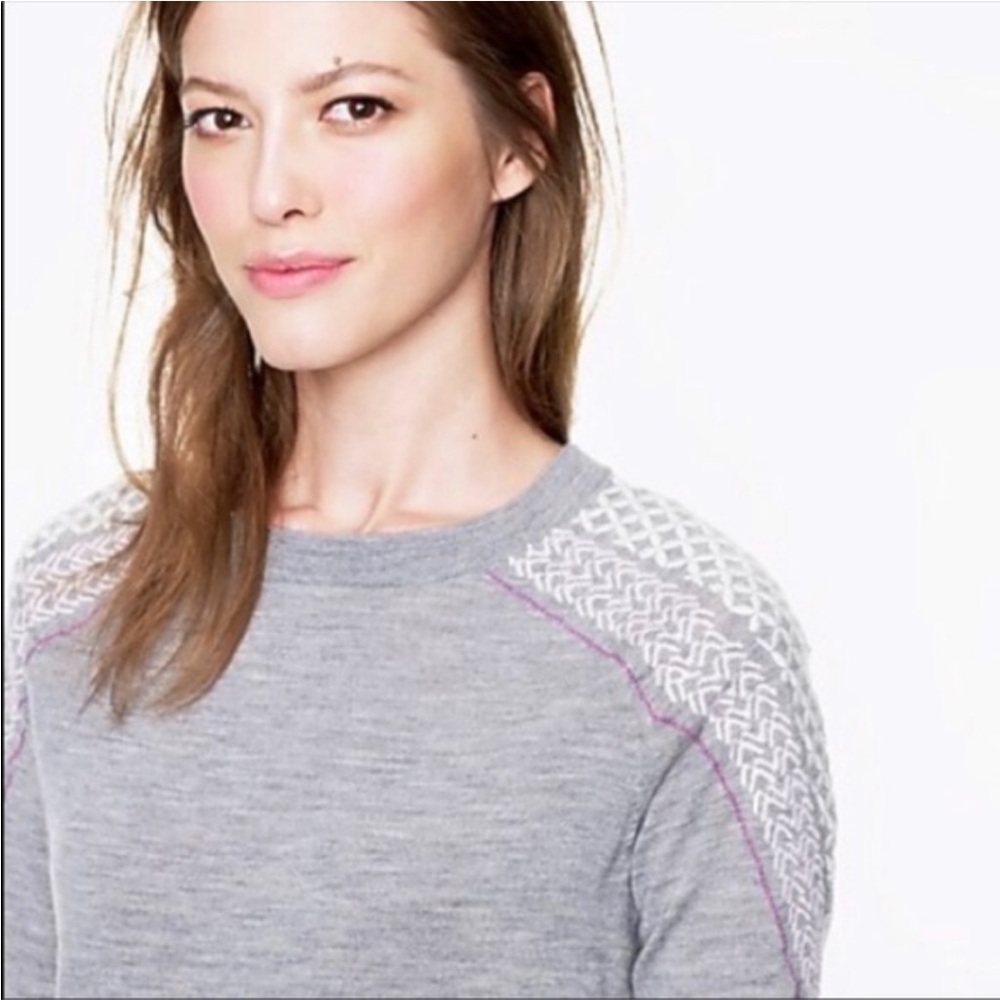 J. Crew Embroidered wool sweater 3/4 sleeves EUC grey